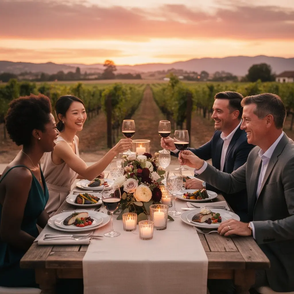 Стол, накрытый для романтического ужина на природе среди виноградников