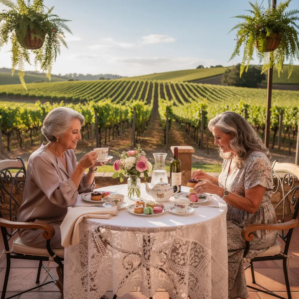 Живописный пейзаж с холмами и виноградниками под ярким небом.