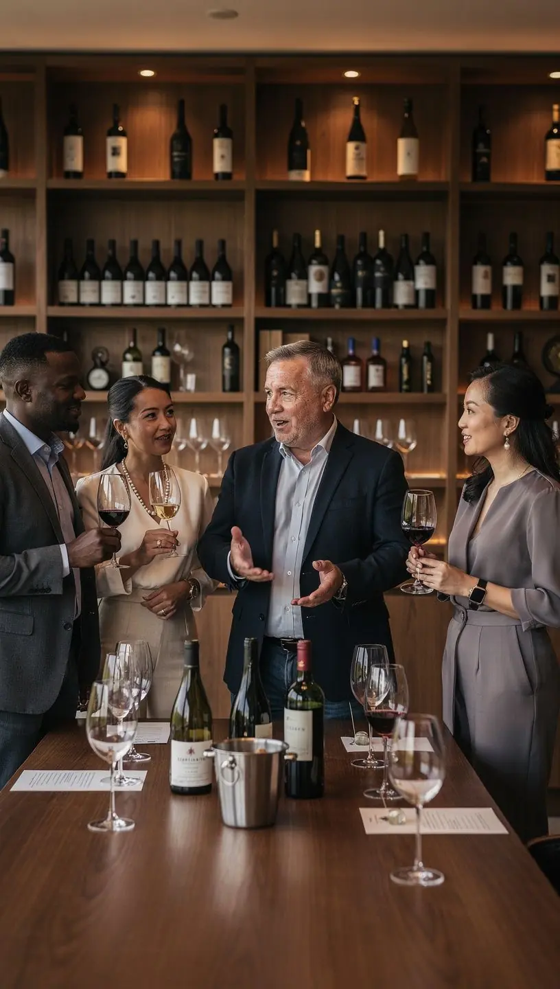 Пара, наслаждающаяся дегустацией вина на фоне виноградников.