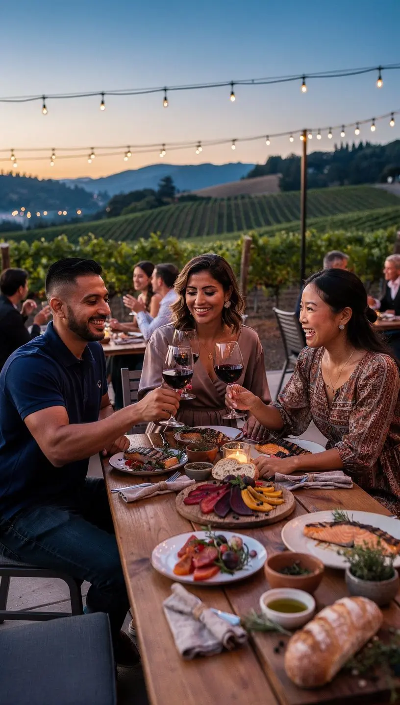 Столовая на открытом воздухе с изысканными блюдами и бокалами вина
