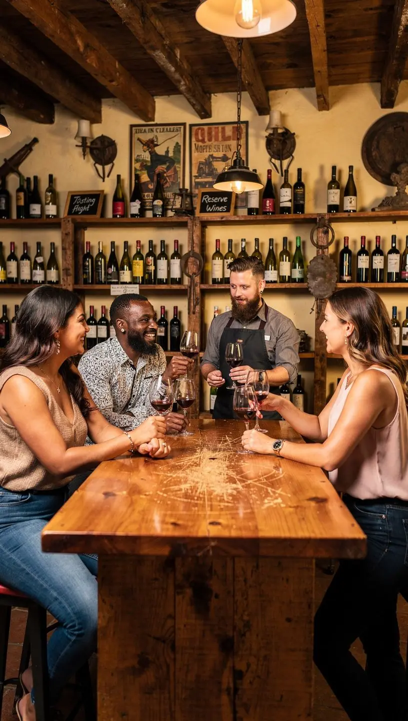 Дегустация вин в уютном помещении винодельни.