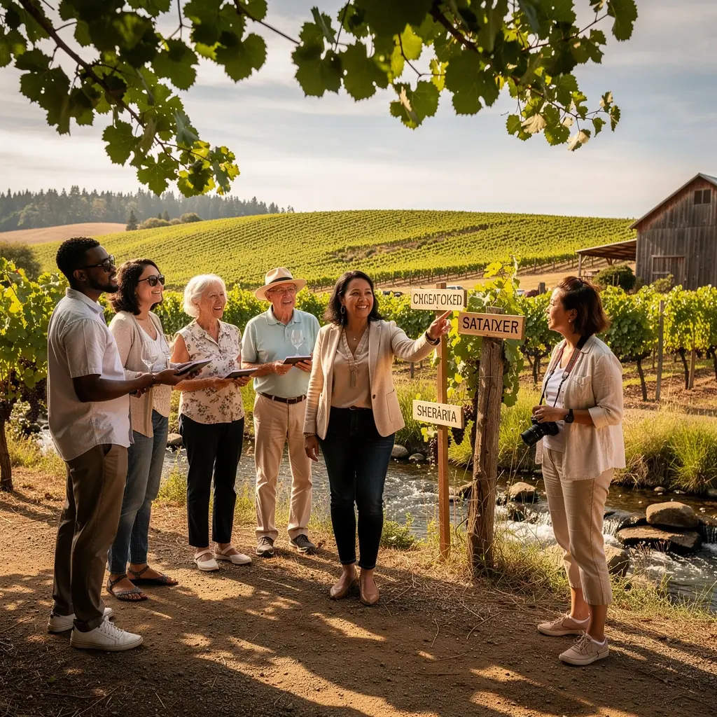 Вид на виноградники на закате с живописными холмами на фоне