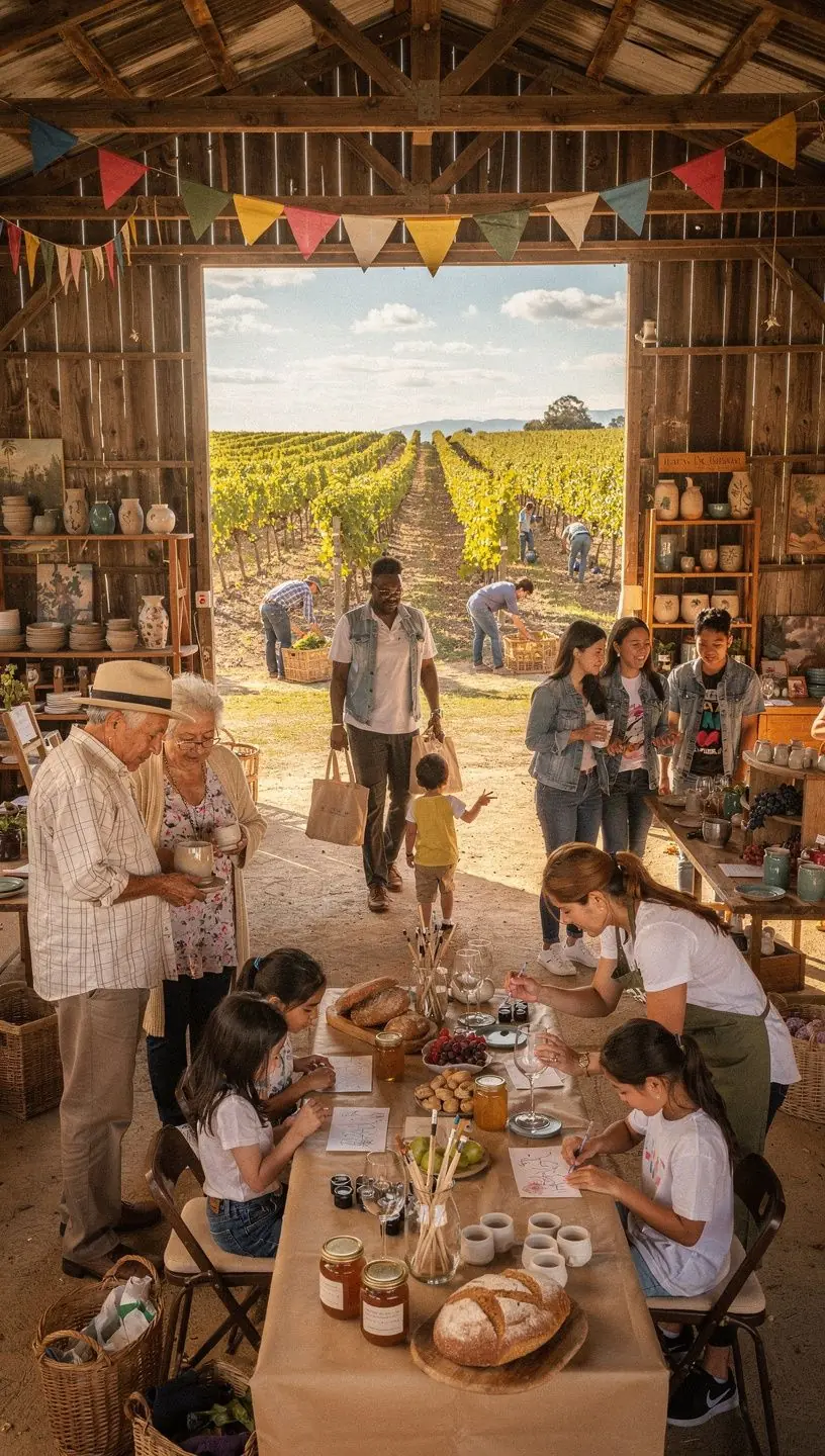 Солнечный виноградник с созревающими гроздьями винограда.