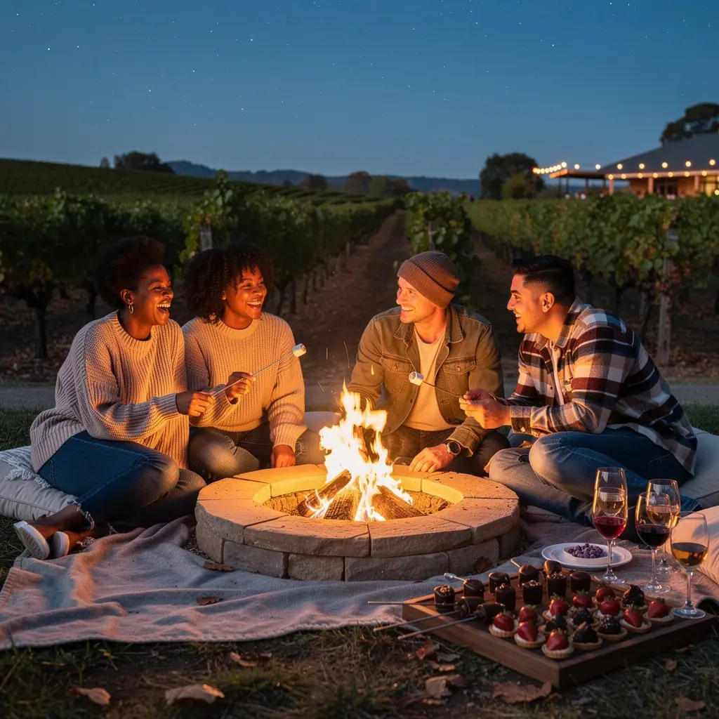 Солнечный день, туристы наслаждаются дегустацией вин в винодельне, окруженной зеленью.
